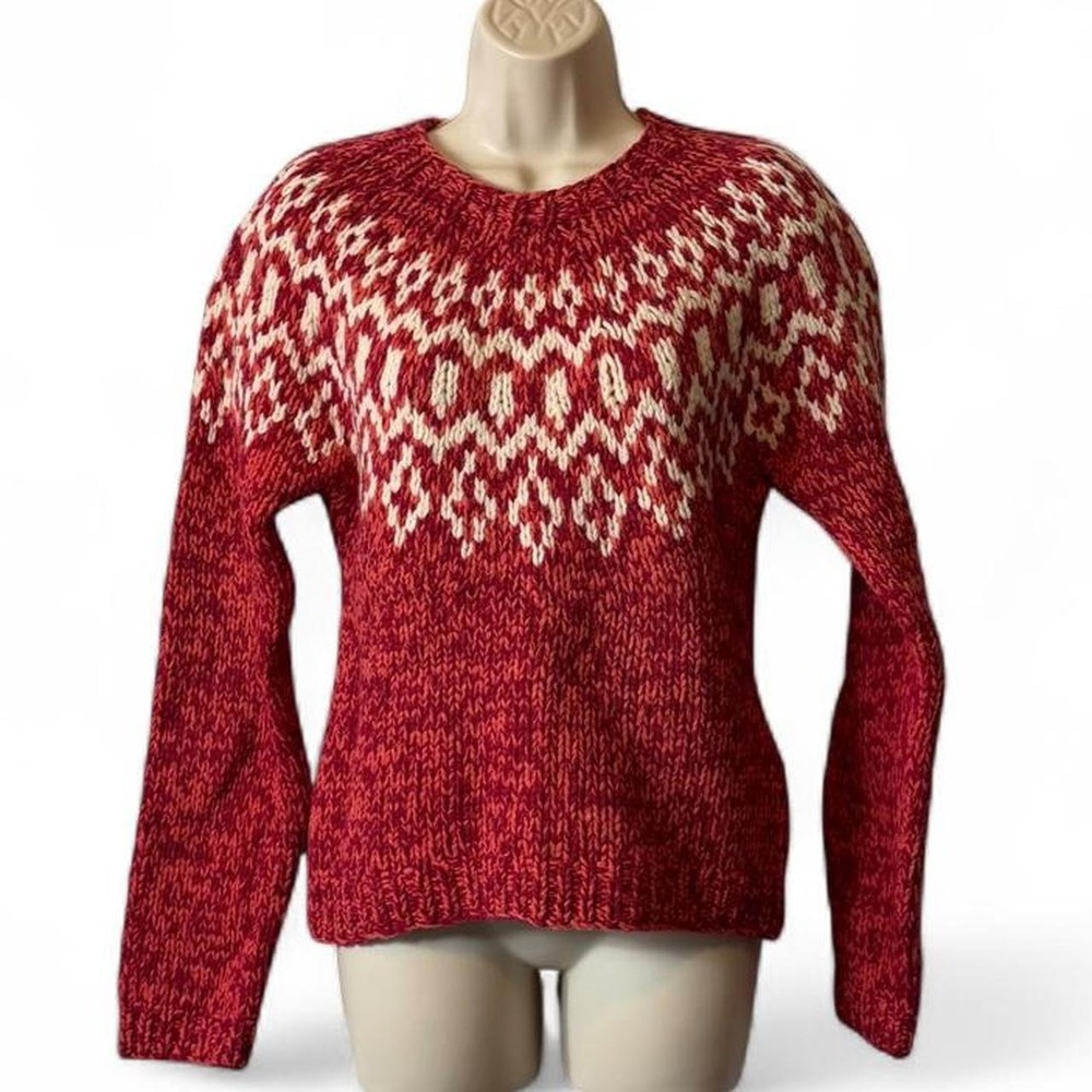 Vintage Y2K American Eagle Hand Knit Lambs Wool Red Fair Isle Sweater, Women's M